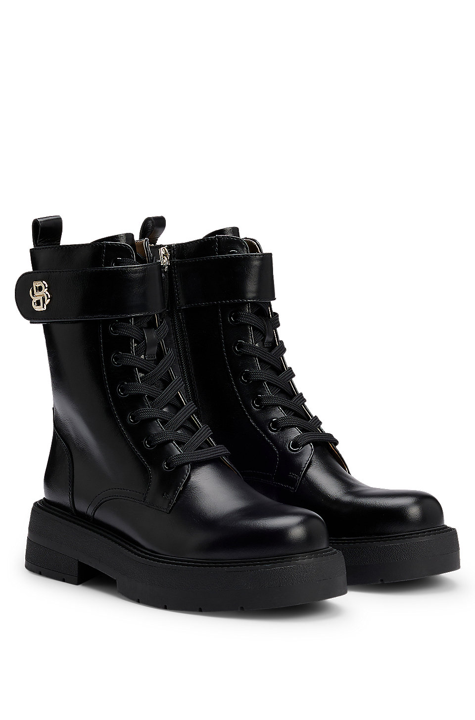 BOSS - Lace-up boots in leather with Double B monogram - Black BOSS - Lace-up boots in leather with Double B monogram - Black