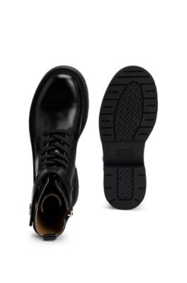 BOSS - Lace-up boots in leather with Double B monogram - Black