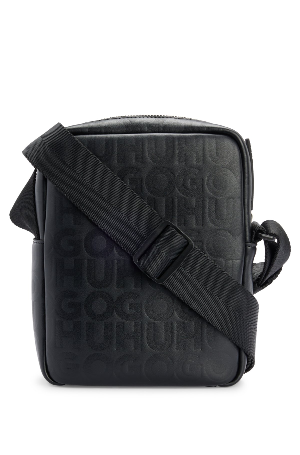 Reporter bag in faux leather with repeat-logo motif, Black