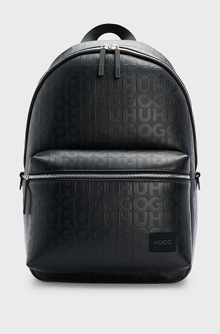 Faux-leather backpack with repeat-logo motif, Black