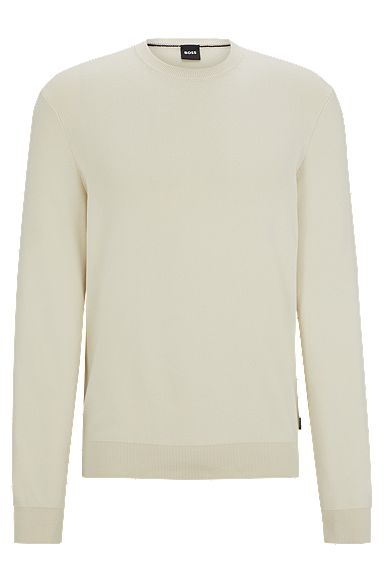 Regular-fit sweater in 100% cotton with ribbed cuffs, Natural