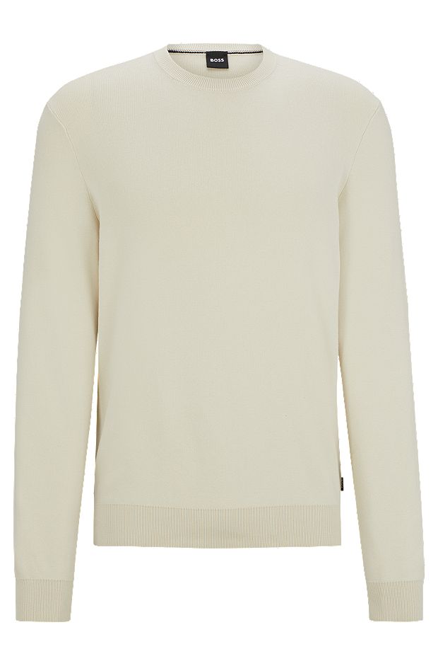 Regular-fit sweater in 100% cotton with ribbed cuffs, Natural