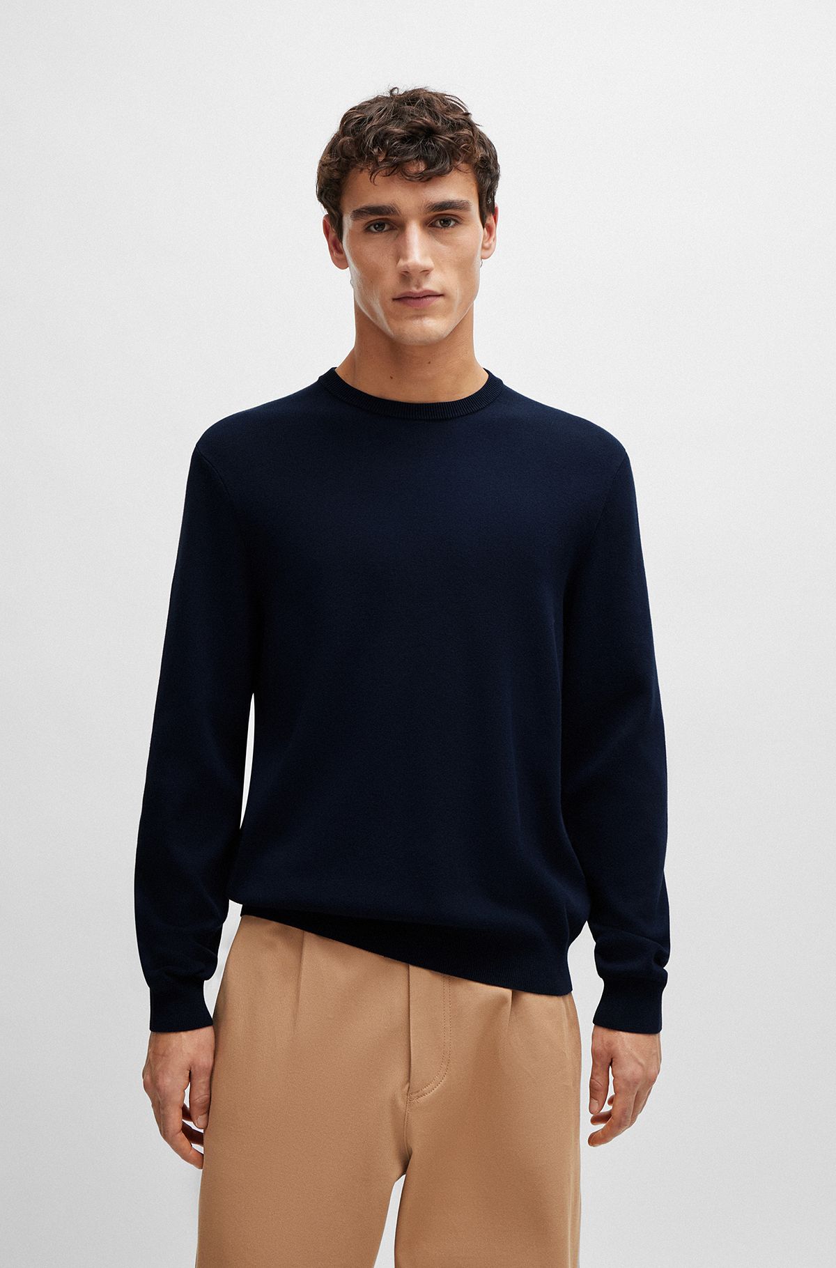 Regular-fit sweater in 100% cotton with ribbed cuffs, Dark Blue