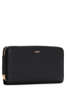 Ziparound wallet in pebble-textured leather with logo lettering, Black