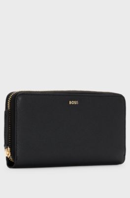 Ziparound wallet in pebble-textured leather with logo lettering, Black