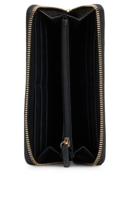 Ziparound wallet in pebble-textured leather with logo lettering, Black