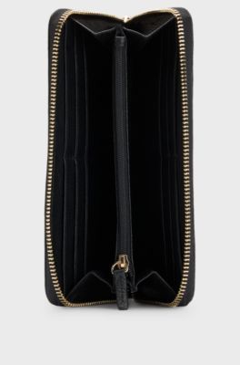 Ziparound wallet in pebble-textured leather with logo lettering, Black