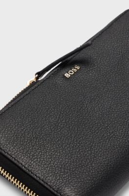 Ziparound wallet in pebble-textured leather with logo lettering, Black