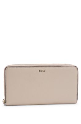Ziparound wallet in pebble-textured leather with logo lettering, Light Beige