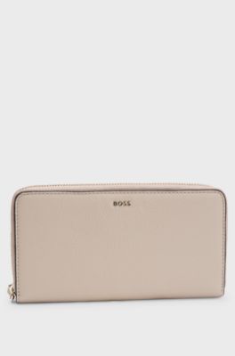 Ziparound wallet in pebble-textured leather with logo lettering, Light Beige