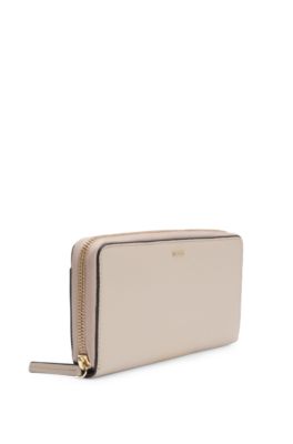 Ziparound wallet in pebble-textured leather with logo lettering, Light Beige