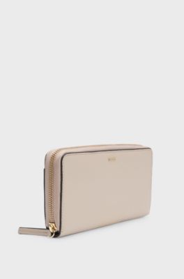 Ziparound wallet in pebble-textured leather with logo lettering, Light Beige