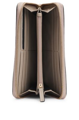 Ziparound wallet in pebble-textured leather with logo lettering, Light Beige