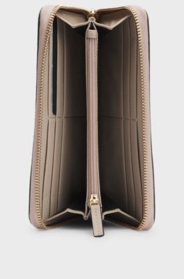 Ziparound wallet in pebble-textured leather with logo lettering, Light Beige