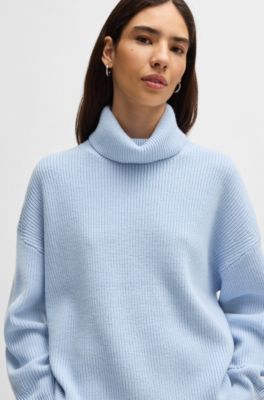 Ribbed rollneck sweater in wool, Light Blue