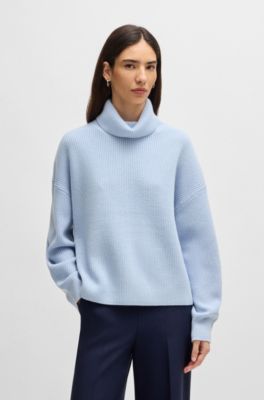 Ribbed rollneck sweater in wool, Light Blue