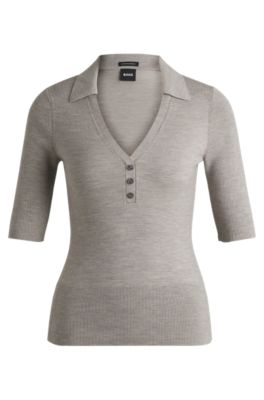 Short-sleeved knit polo in wool-blend, Light Grey