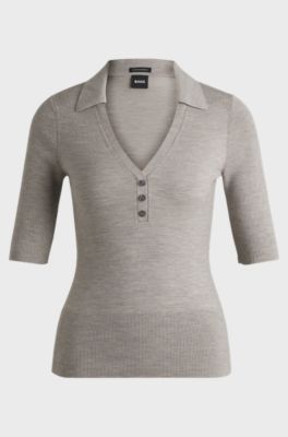 Short-sleeved knit polo in wool-blend, Light Grey