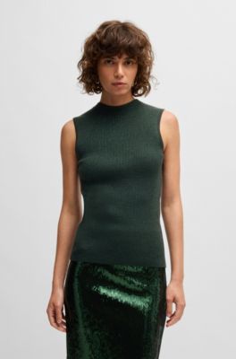 Sleeveless ribbed top with sparkle effect, Dark Green
