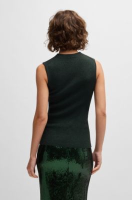Sleeveless ribbed top with sparkle effect, Dark Green