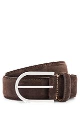 Italian-suede belt with rounded brass buckle, Dark Brown
