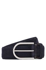 Italian-suede belt with rounded brass buckle, Dark Blue