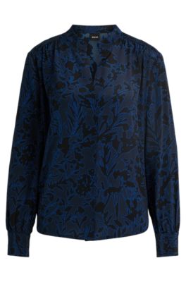 Regular-fit blouse in printed silk with gathered neckline, Blue Patterned