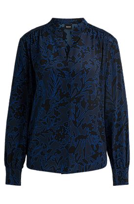 Regular-fit blouse in printed silk with gathered neckline