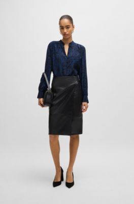 Regular-fit blouse in printed silk with gathered neckline, Blue Patterned