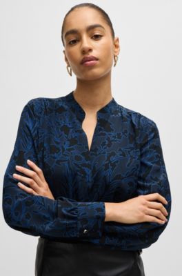 Regular-fit blouse in printed silk with gathered neckline, Blue Patterned