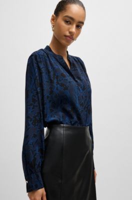 Regular-fit blouse in printed silk with gathered neckline, Blue Patterned