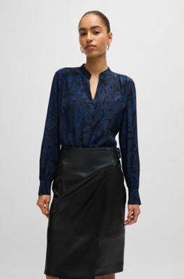 Regular-fit blouse in printed silk with gathered neckline, Blue Patterned