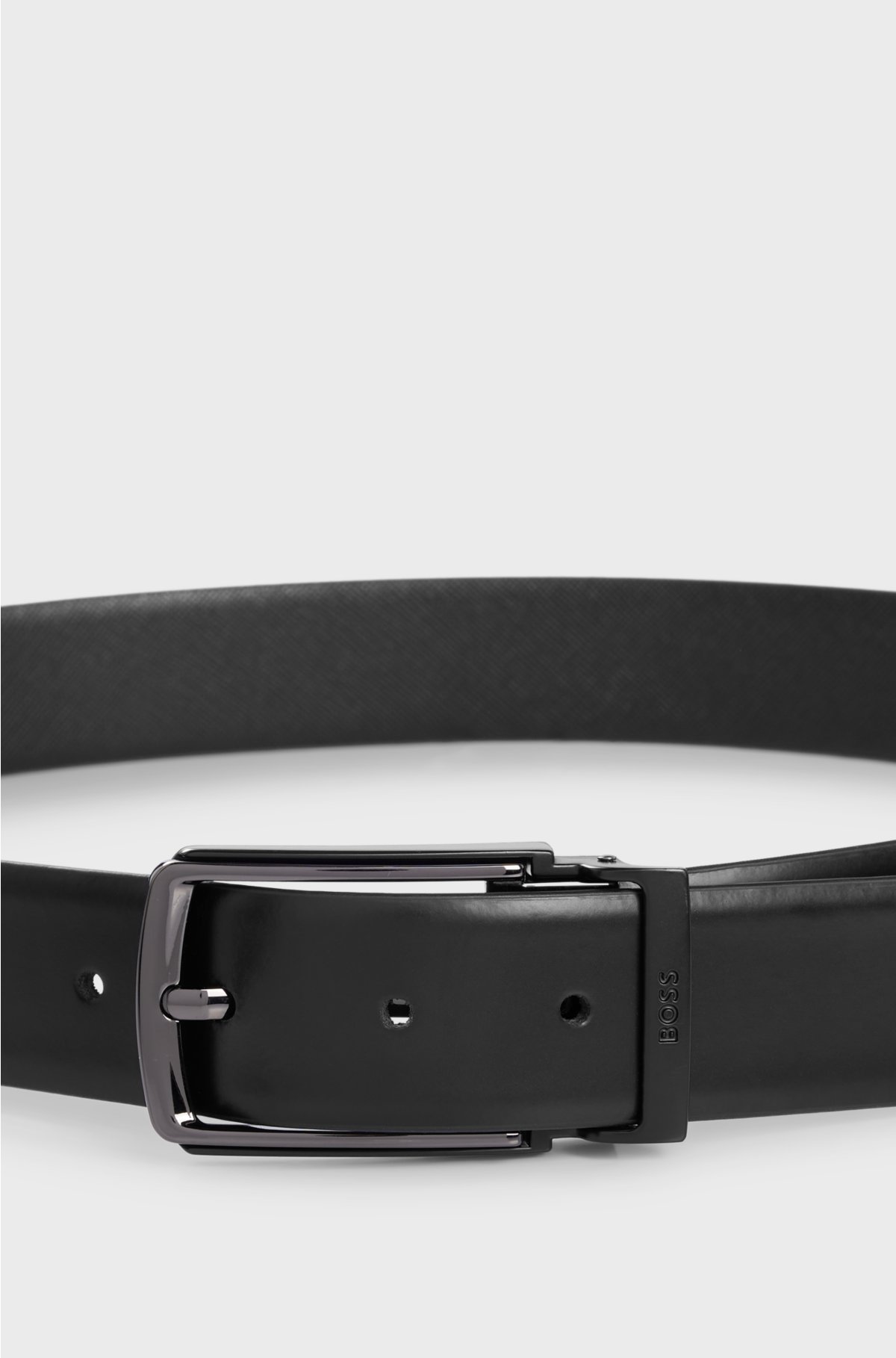 Reversible Italian-leather belt with branded keeper, Black