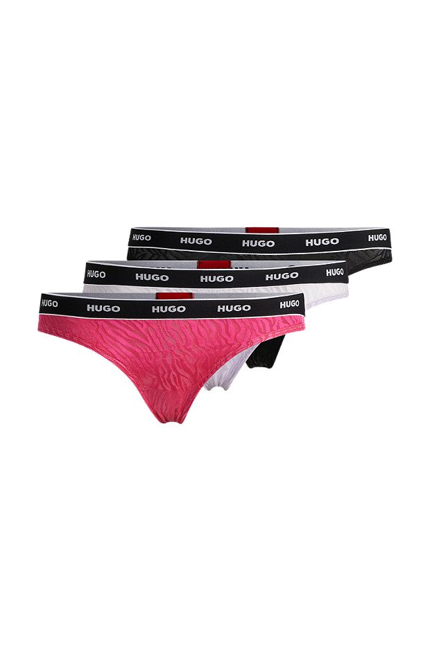 Three-pack of animal-patterned lace thongs with logos, Patterned