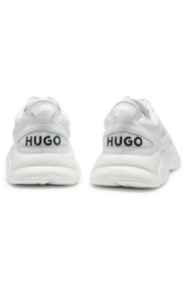 Mixed-material trainers with canvas-effect fabric, White