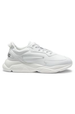 Mixed-material trainers with canvas-effect fabric, White