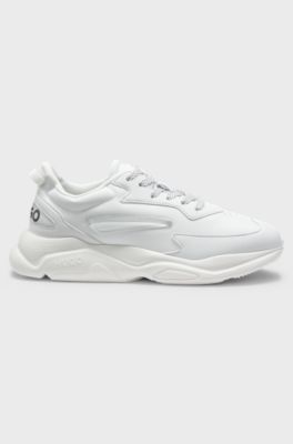 Mixed-material trainers with canvas-effect fabric, White