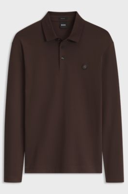 Long-sleeved cotton polo shirt with Double B monogram, Dark Brown
