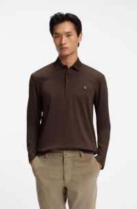 Long-sleeved cotton polo shirt with Double B monogram, Dark Brown