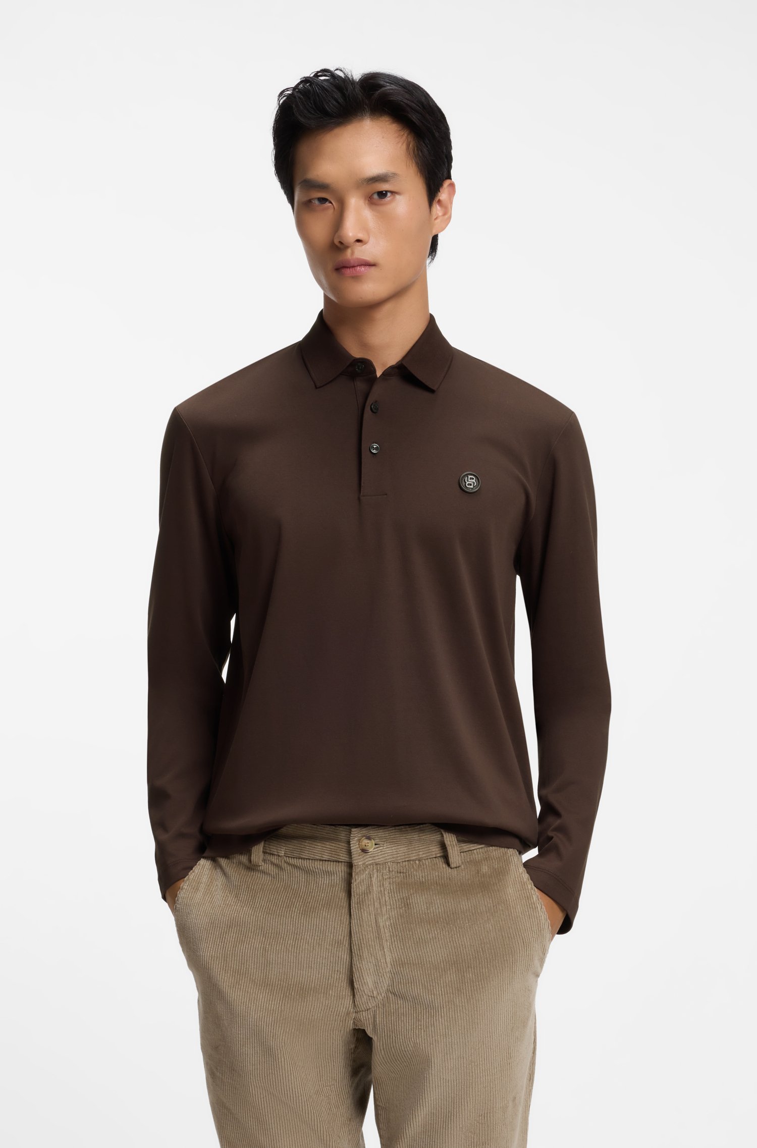 Boss Long-sleeved cotton polo shirt with Double B monogram pikéer herr