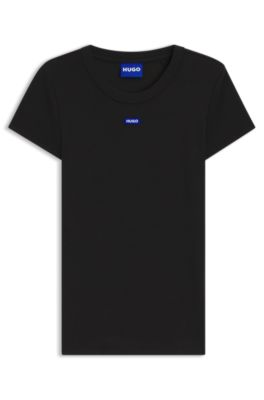 Slim-fit T-shirt in ribbed stretch cotton with logo, Black