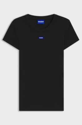 Camiseta slim fit de algod&oacute;n el&aacute;stico con insignia con logo, Negro