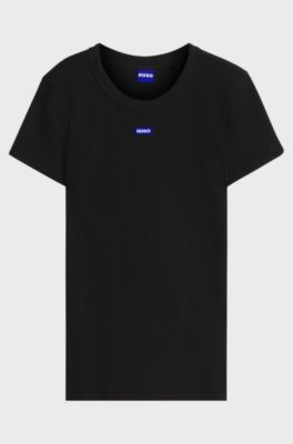 Slim-fit T-shirt in ribbed stretch cotton with logo, Black