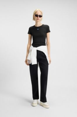 Slim-fit T-shirt in ribbed stretch cotton with logo, Black