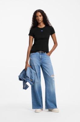 Slim-fit T-shirt in ribbed stretch cotton with logo, Black