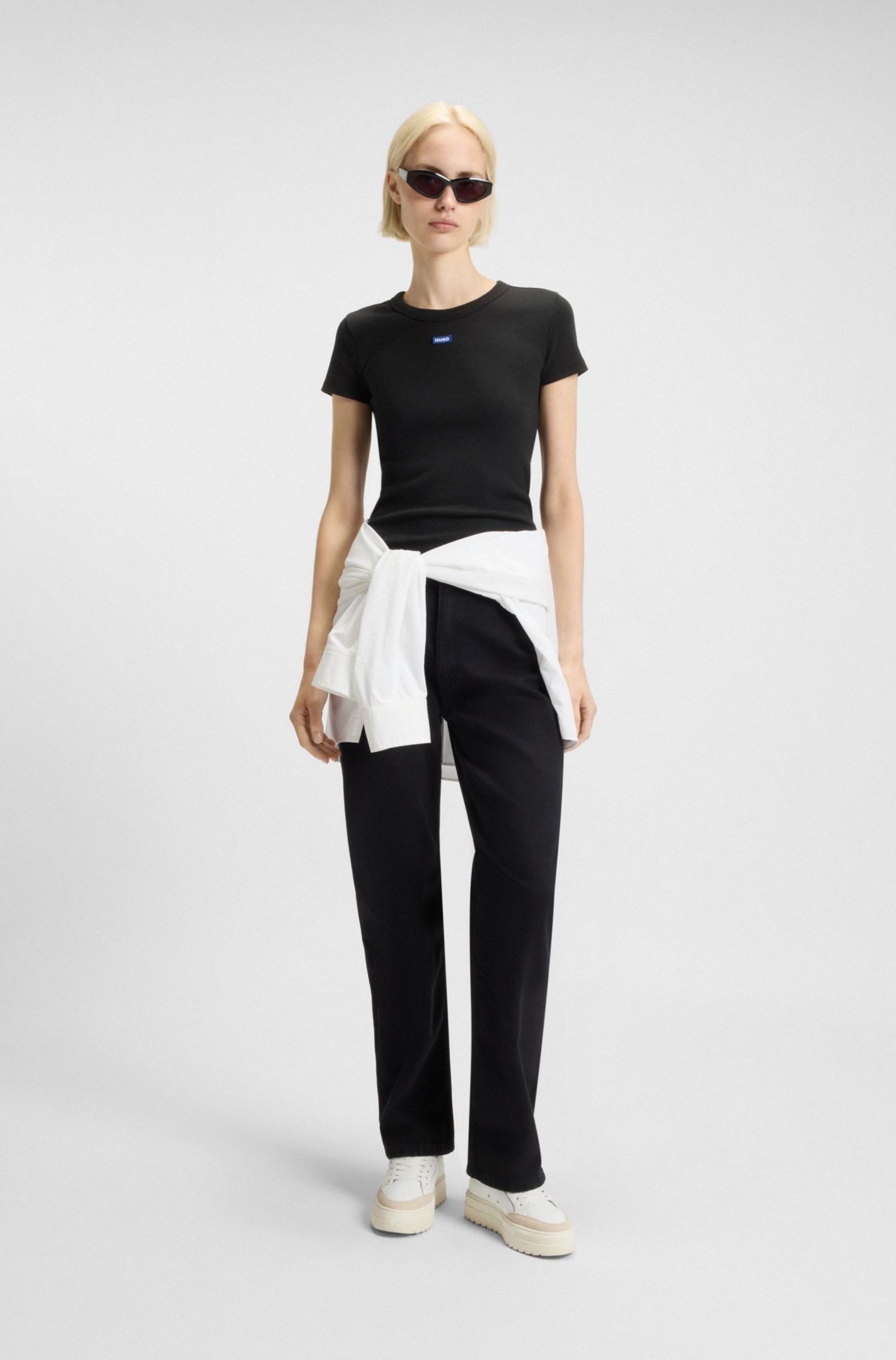 Slim-fit T-shirt in ribbed stretch cotton with logo, Black