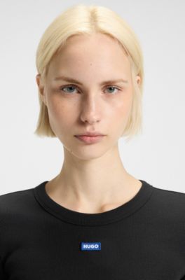 Slim-fit T-shirt in ribbed stretch cotton with logo, Black