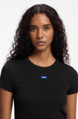 Slim-fit T-shirt in ribbed stretch cotton with logo, Black