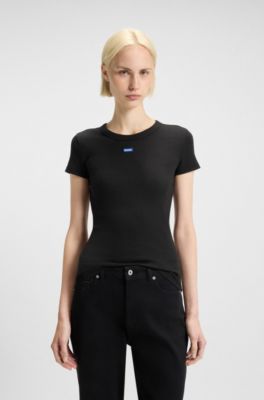 Slim-fit T-shirt in ribbed stretch cotton with logo, Black