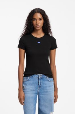 Slim-fit T-shirt in ribbed stretch cotton with logo, Black